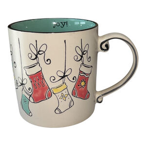 Christmas Holiday Ceramic Coffee Mug, 20 oz, White with Stockings Design, Green